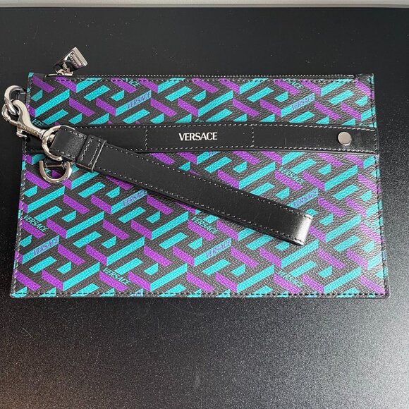 Versace La Greca Multicolor Coated Canvas Clutch/Wristlet - New - Picture 3 of 9
